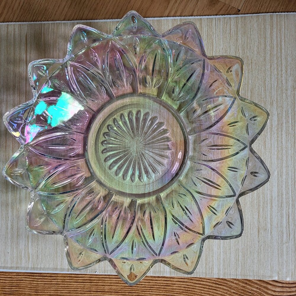 Vintage Federal Glass Stunning Clear Iridescent Petal Bowl 8.5"